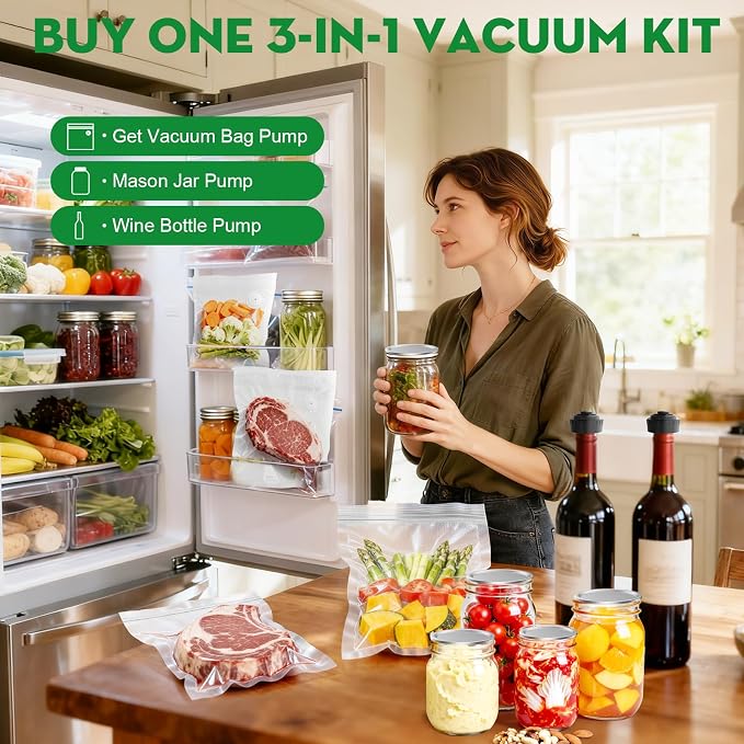 3-in-1 Vacuum Sealer for Food Compatible with Vacuum Bag, Mason Jar, Wine Bottle, Handheld Saver Compact Vacuum Sealer Machine (Vacuum Sealer(Black)+Bags+Mason Jar Lids+Stopper)