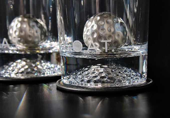 NobleSip® Whiskey GOLF Glasses 𝗣𝗥𝗘𝗠𝗜𝗨𝗠 Set: 2 Glasses, 2 Steel Chilling Balls, 2 Coasters. Best way for a player, fan to enjoy his Old Fashioned Cocktails. Golfer bourbon home bar gift