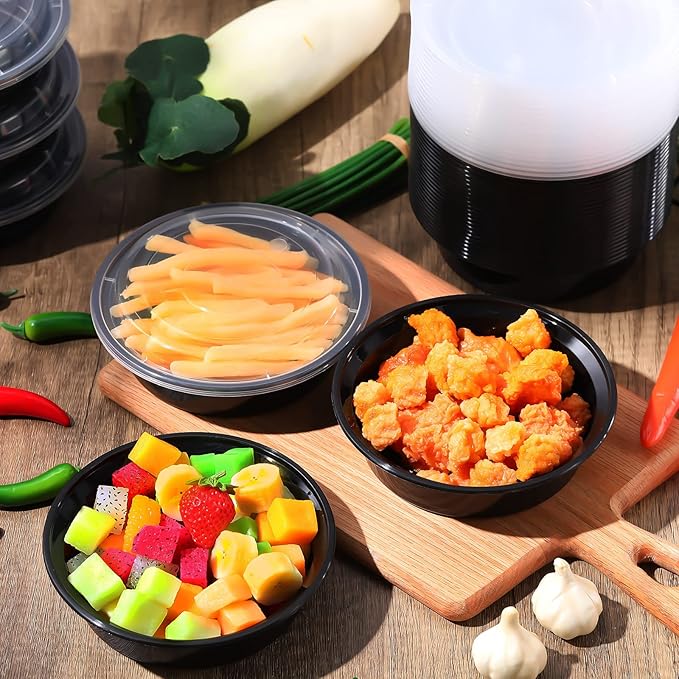 Nuenen 100 Pcs 16 oz Round Meal Prep Containers with Lids Plastic Containers Meal Prep Lunch Box Bowls Take out Food Storage Bento Box Microwavable Freezer Safe(Black)