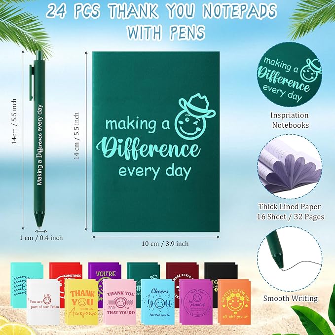 Feifeiya 72 Pcs/ 24 Set Thank You Gift Bulk 24 oz Employee Teacher Appreciation Tumbler with Lids and Straws Motivational Pens Inspirational Notepads Set Plastic Cups Gift for Team Staff Coworker