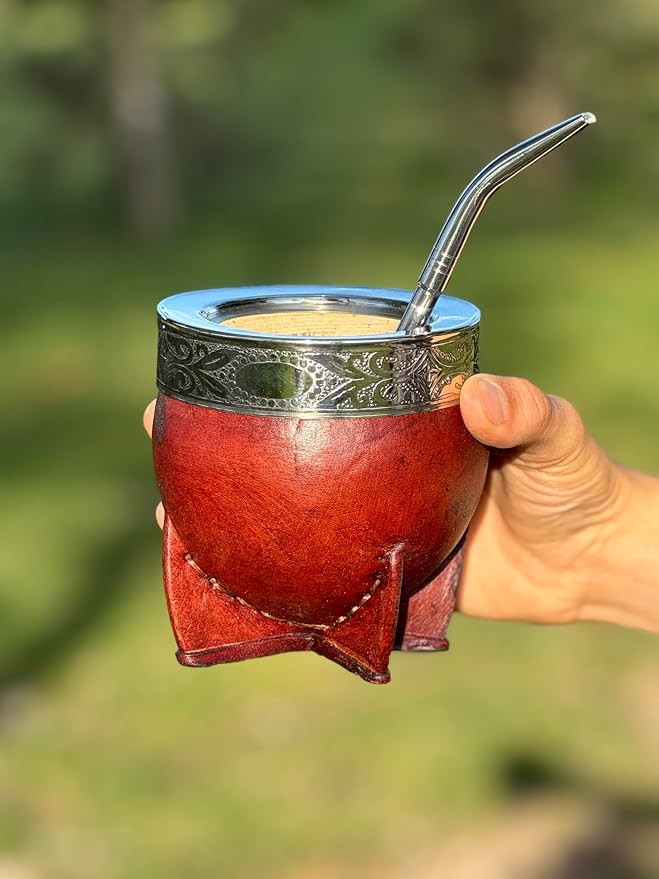 Mate Imperial Argentino, With Straw Tea Gourd Mug One Bombilla Mate (Straw), Wrapped Handmade Leather, Includes Premium Packaging (Brown)
