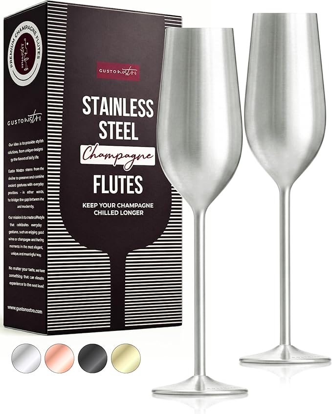 Gusto Nostro Stainless Steel Champagne Flutes Set of 2 (Silver) Unique, Unbreakable, Colorful Metal Champagne Glasses - Modern Toasting Flutes - Luxury Wedding Gifts for Couple - Wedding Registry Idea
