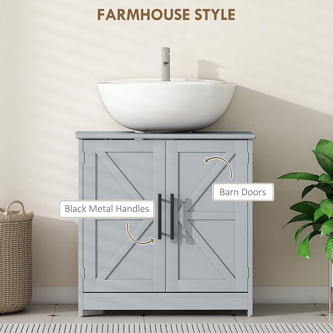 HOMCOM Pedestal Sink Storage Cabinet, Farmhouse Freestanding Bathroom Sink Cabinet with 2 Barn Doors and Adjustable Shelf, Dark Gray