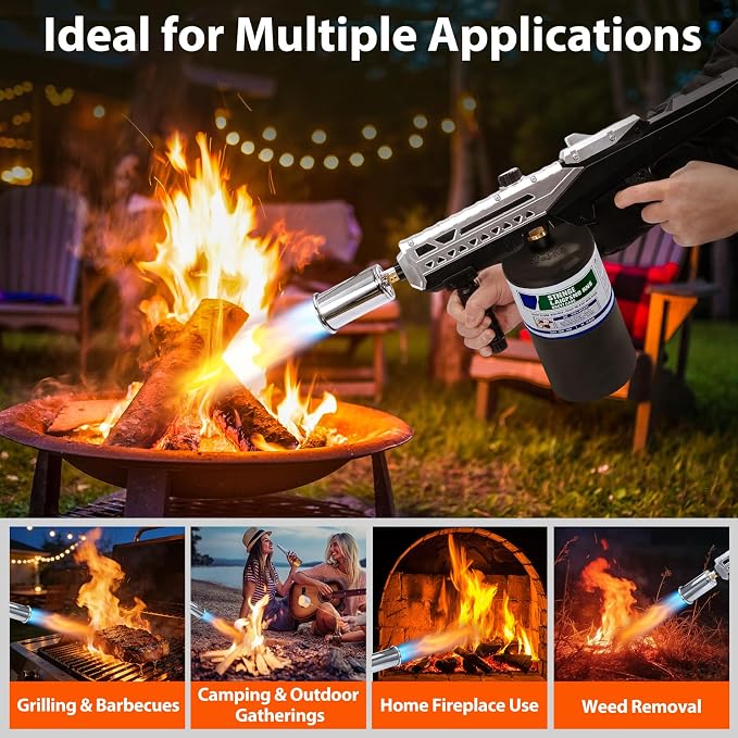 Propane Torch Gun, Flamethrower Blow Torch with Adjustable Flame, Multipurpose Cooking Torch for BBQ, Searing Steak, Camping, Charcoal Lighter & Small Welding (Tank Not Included)
