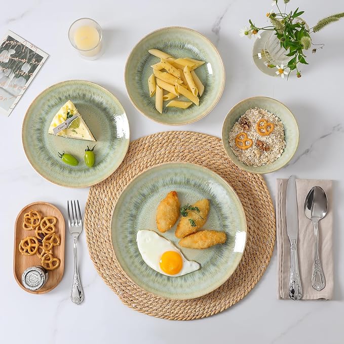 DOMICREVERY Ceramic Dinnerware Sets for 6, 24 Pcs Ceramic Plates and Bowls Sets, Moss Green