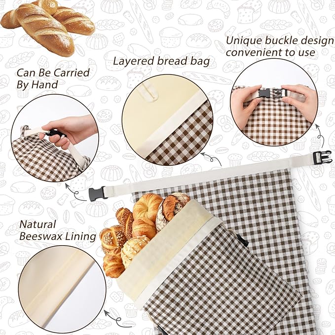 2-Pack Reusable Beeswax Bread Bags for Sourdough, Natural Linen Bag for Homemade Bread，Extend the insurance period(Coffee)