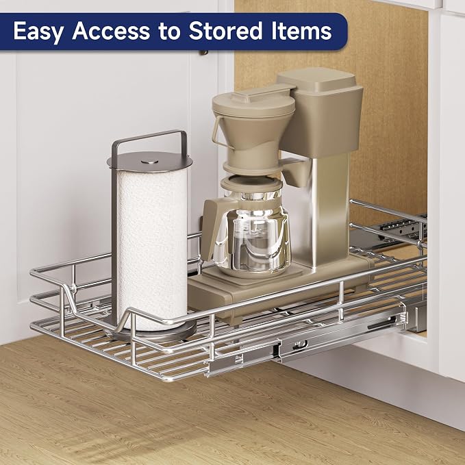 Pull Out Cabinet Organizer, 10.5" W x 21.5" D, Heavy Duty Chrome Slide Out Shelf for Narrow Base Cabinets, Sliding Wire Basket Drawer for Spices, Bottles, Snacks & Cleaning Supplies