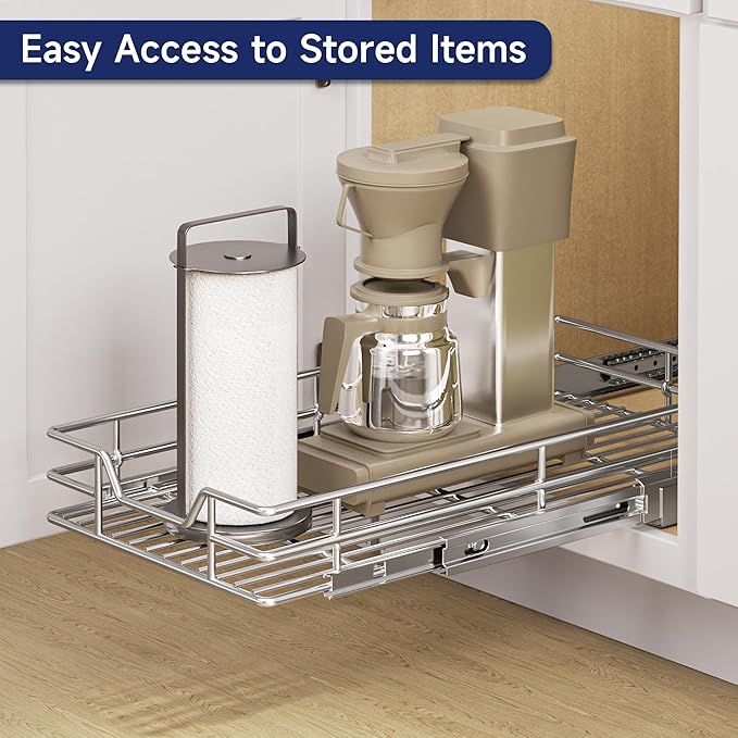 Pull Out Cabinet Organizer, 11.5" W x 21.5" D, Heavy Duty Chrome Slide Out Shelf for Narrow Base Cabinets, Sliding Wire Basket Drawer for Spices, Bottles, Snacks & Cleaning Supplies