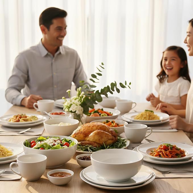 16-Piece Dinnerware Set for 4, White Porcelain Plates and Bowls, Chip Resistant Dishwasher Safe for Family Dining and Daily Use