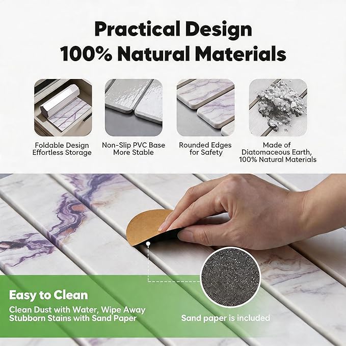 Stone Drying Mat for Kitchen Counter, Quick Diatomaceous Earth Mats for Dishes, 23.6"L x 15.7" W Super Absorbent Fast-Drying Collapsible Countertop Stone Mat (Marble White-06, 24" x 16")