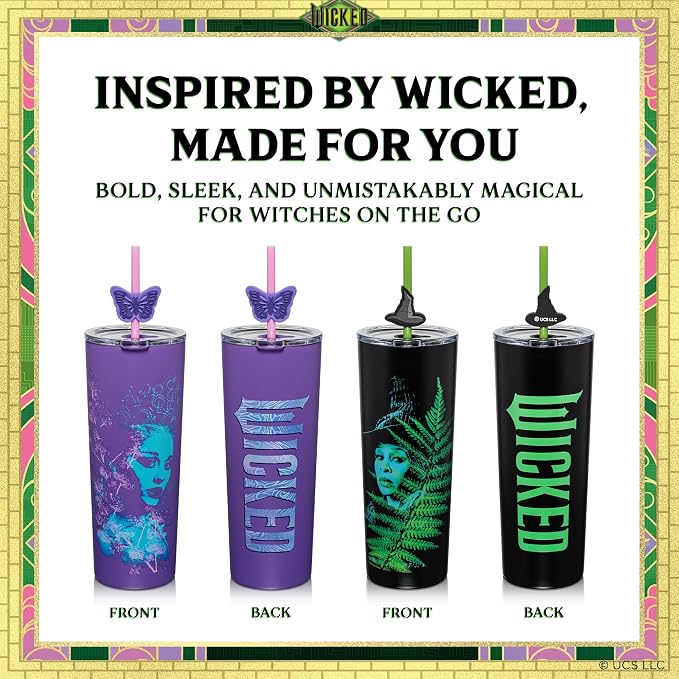 Dragon Glassware x Wicked: For Good 2-Pack 24 oz Vacuum Insulated Tumbler with Lid and Straw - Set of 2 Tumblers with 4 Straws and Toppers - Official Wicked Merch - For Good