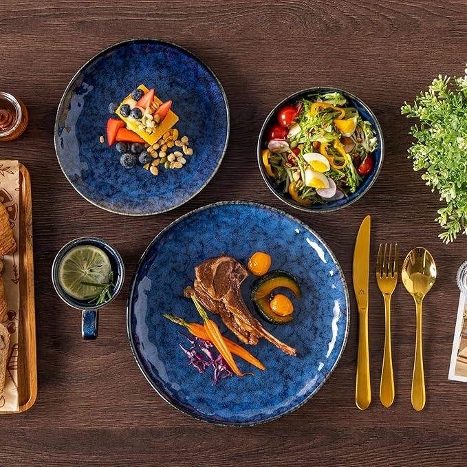 vancasso Starry 16 Pieces Dinnerware Set for 4, Reactive Glaze Blue Stoneware Plates and Bowls Set, Dishes Set with Mugs for 4, Microwave & Dishwasher Safe