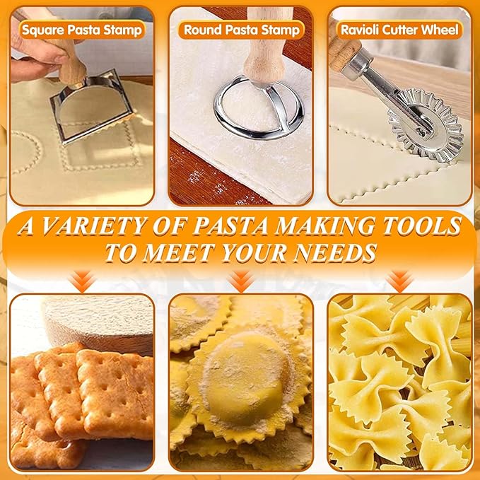 Pasta Making Tools, 10 Piece Wood Pasta Making Kit with 3 Rolling Pins, 1 Gnocchi Board, 1 Dough Cutter, 1 Ravioli Cutter, 1 Ravioli Maker, 2 Pasta Stamps, 1 Baking Mat, Ravioli Pasta Set for Kitchen