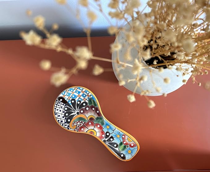 Talavera Spoon Rest – Hand-Painted Ceramic Utensil Rest Handmade in Mexico, 10" Large for Stove Top and Counter, Dishwasher Safe Lead Free, Gift Ready Cuchara Multicolor