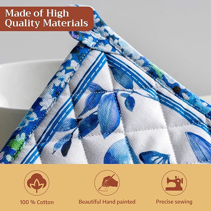 Maison d' Hermine Pot Holders 100% Cotton Heat Resistant Potholders 8" x 8" Hot Pads with Loop BBQ Cooking Baking Gifts for Mothers Day Handling Hot Pans Spring/Summer (Pack of 1, Summer Blues)