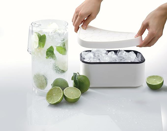 Lékué Ice Box | White | Ice Cube Tray For Freezer With Lid & Bin | Made With 100 Percent Platinum Silicone | Elegant And Retro Style Ice Cubes | For Cocktails, Ice Tea & Coffee And More |