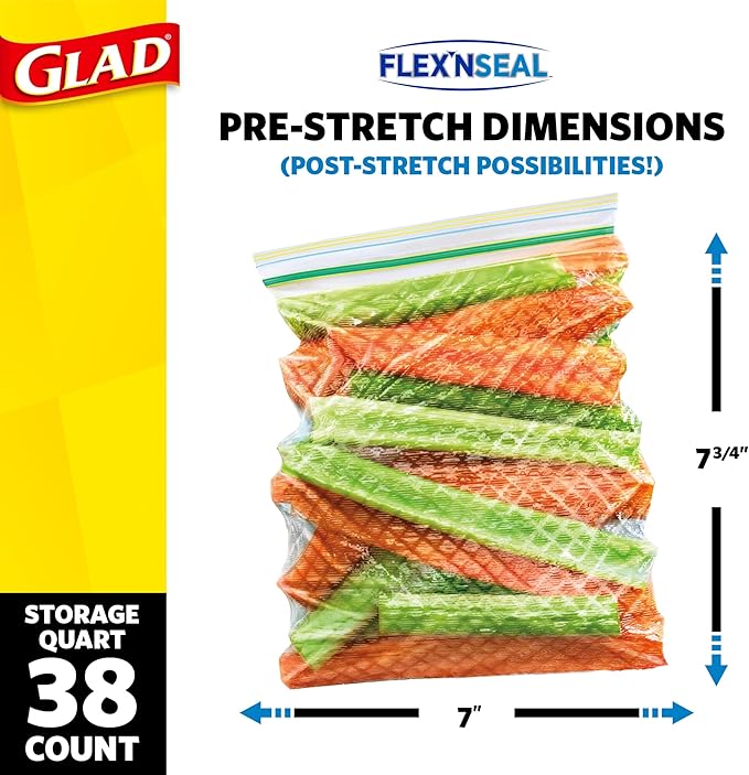 Glad Flex'N Seal Food Storage Plastic Bags, Quart, 38 count, Pack of 4 (Package May Vary)