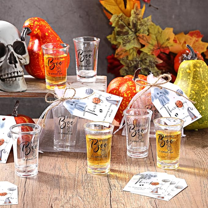 Pickmesh 25 Sets Halloween Boo Baby Shower Shot Glasses for Guests Include Acrylic Clear Shot Glasses Thank You Cards Organza Bags Babies Shower Gifts for Halloween Gender Reveal Party Supplies