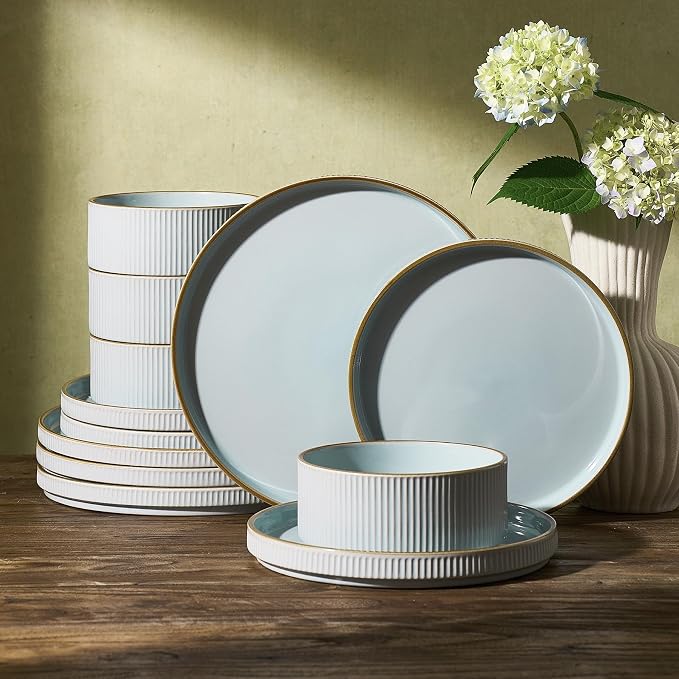Famiware Star 12-Piece Stoneware Dinnerware Set for 4 – Blue, Ribbed Ceramic Plates and Bowls with Rim – Modern Rustic Dishes, Everyday & Formal – Chip & Scratch Resistant, Microwave & Dishwasher Safe