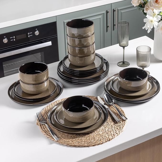 LeRatio Ceramic Dinnerware Sets for 4,12-Piece Plates and Bowls,Handmade Reactive Glaze Dishes Set, Scratch Resistant | Oven&Dishwasher & Microwave Safe,Service for 4（12pcs),Modern-Chestnut