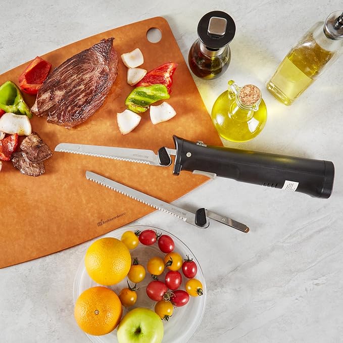 Restaurantware-Kitchen Tek Electric Knife Set, 1 Electric Knife With Motorized Handle - Includes 1 Bread And 1 Carving Tool, Ergonomic, Black Plastic Food Cutter With Stainless Steel Blades