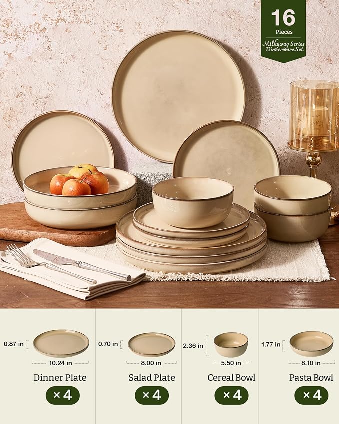 Famiware Milkyway Stoneware Dinnerware Set, 16-Piece, Including Pasta Bowl, Double Reactive Glaze, Plates and Bowls, Service for 4, Microwave and Dishwasher Safe, Scratch-Resistant, Milk Tea