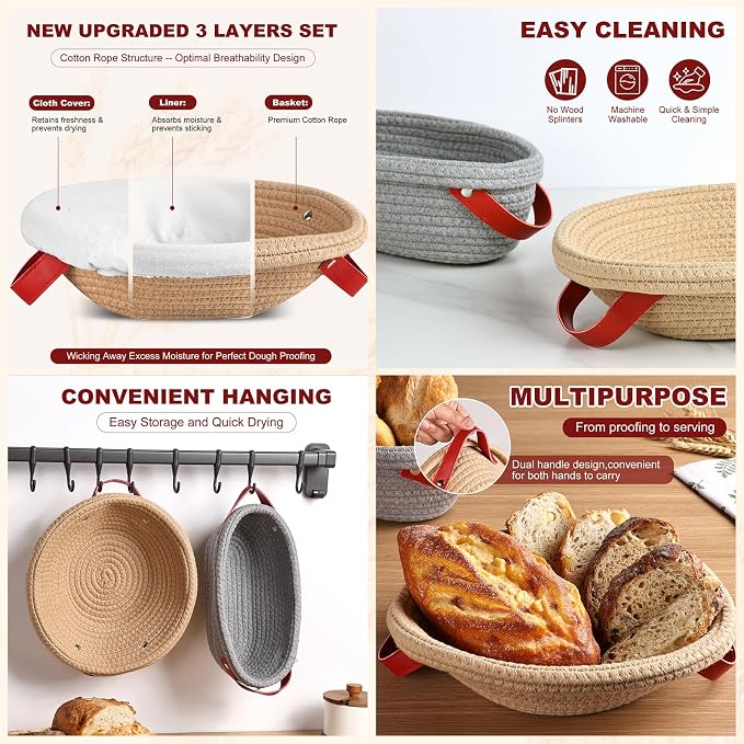 Sourdough Bread Baking Supplies, Banneton Bread Proofing Basket, 10 Inch Oval & Round Bread Baskets with Liners & Covers, Sourdough Starter Kit