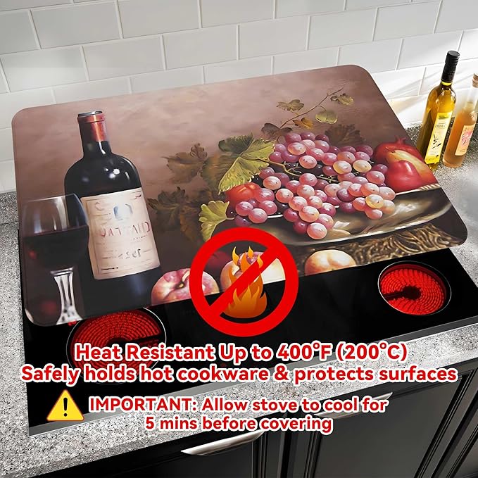 Decorative Stove Top Covers for Electric Stove 28"x20" – Heat Resistant Glass Cooktop Protector Dish Drying Mat – Non-Slip Rubber Backing Washer Top Cover Waterproof Extra Counter Space (Wine)
