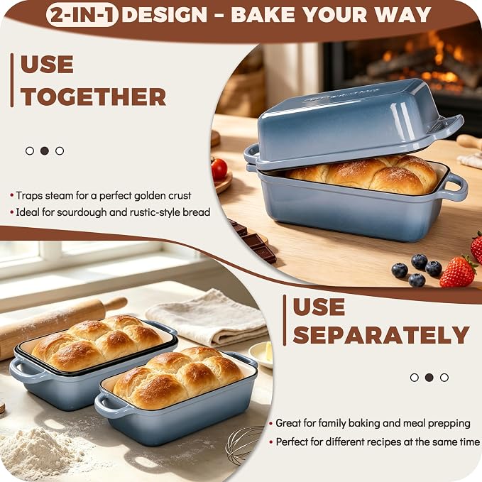 Cast Iron Bread Loaf Pan with Lid, Enameled 9x5 Loaf Pans for Baking Bread, Set of 2 for Homemade Bread & Sourdough, Sea Salt