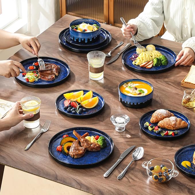 vancasso Starry Plates and Bowls Sets,12 Pieces Blue Dinnerware Sets for Kitchen,Modern Stoneware Dishes Set for 4,Dishwasher and Microwave Safe