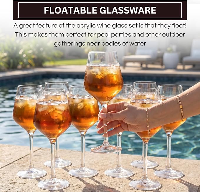 Unbreakable European Style Plastic Crystal, Stemmed Wine Glasses | Set of 8 | Acrylic Tritan Drinkware, Unbreakable Clear Color Shatterproof BPA-free, Reusable, Floating Pool & Indoor & Outdoor, 18oz
