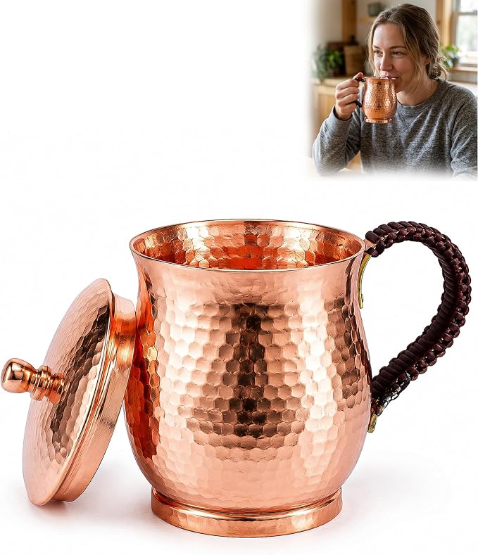 20oz Pure Copper Mug with Lid – Handcrafted Hammered Copper Tumbler for Water, Coffee & Daily Wellness