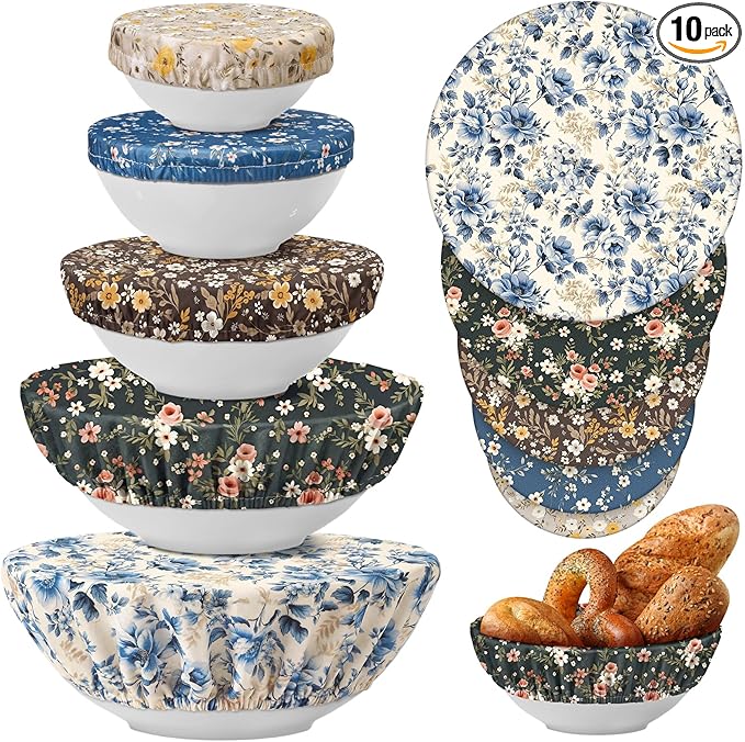 Patelai 10 Pcs Bowl Covers Reusable in 5 Size Stretch Cloth Fabric Elastic Food Storage Bowl Covers Bread Sourdough Lids for Proofing Food Fruits Leftover(Dark Color,Floral Print Style)