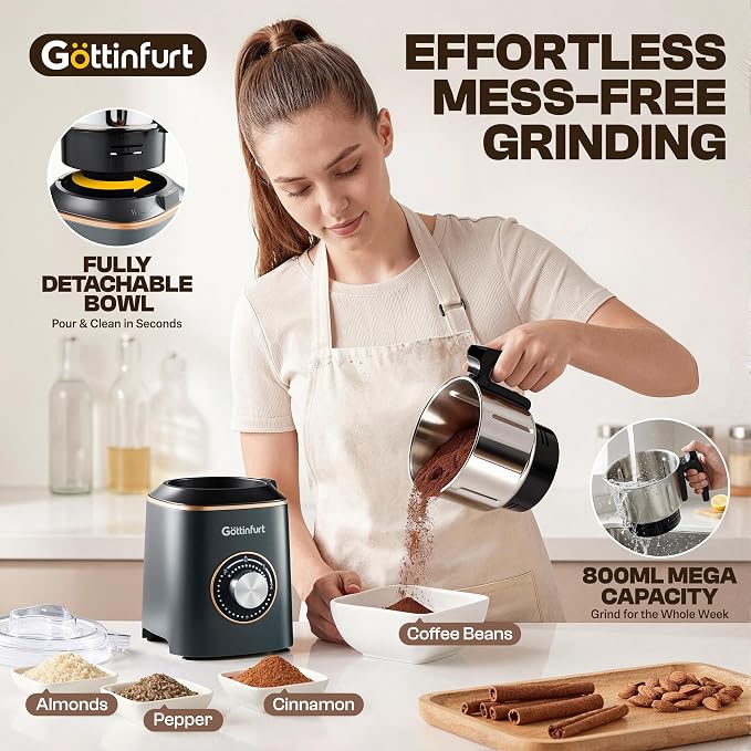 Upgraded Electric Spice Grinder, 800g Electric Grain Mill Grinder Coffee Herb Grinder with Powerful Motor, Stainless Steel Blades & Detachable Bowl, Flour Mill for Spices, Nuts, Grains, Coffee Beans