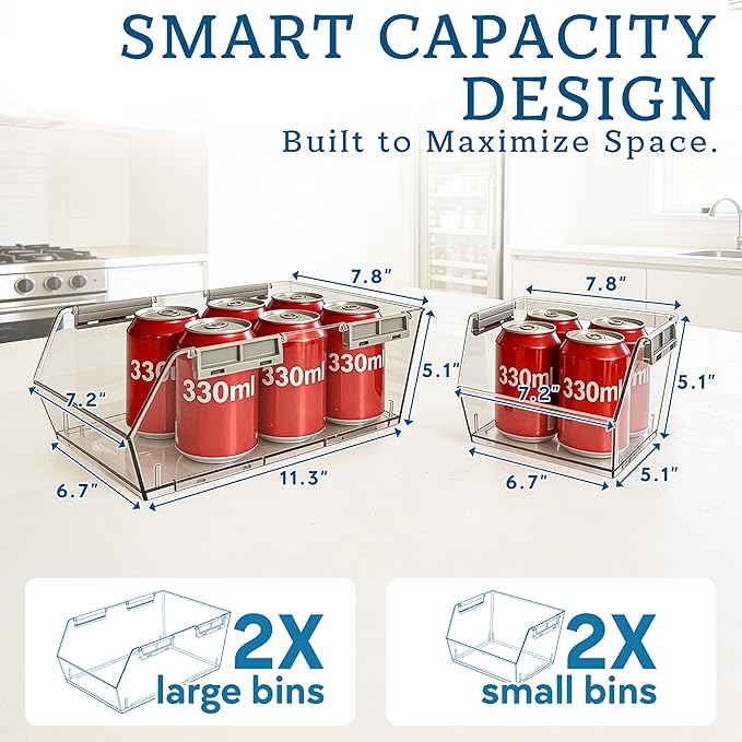 HOMESTEAD Set of 6 Stackable Storage Bins, 3 Large + 3 Small Clear Plastic Organizer Bins, Open Front Design for Kitchen Pantry, Fridge, Cabinet, Bathroom Organization and Snack Storage
