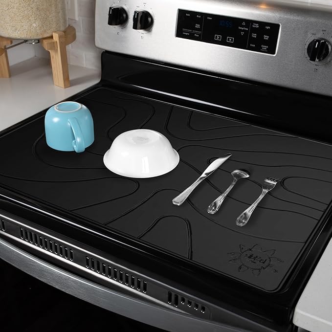 Stove Top Covers for Electric Stove - Silicone Stove Mat for Glass Top Stove - 28"x20" Stove Top Protector, Heat Resistant (450°F), XL Dish Drying Mat, Stove Cover – Black