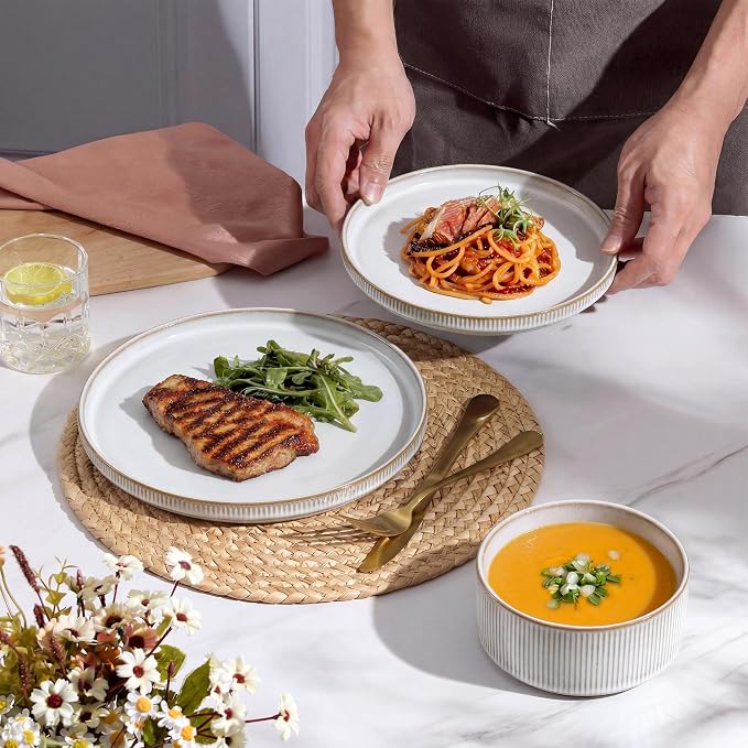 E-far Stoneware Dinnerware Sets for 2, 6-Piece Plates and Bowls Sets, Chip & Scratch Resistant Ribbed Dish Set for Home Restaurant, Microwave & Dishwasher Safe, Creamy Beige