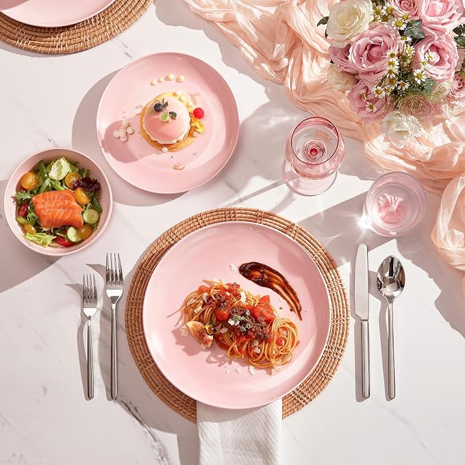 KINGSTONE 12-Piece Bone China Dinnerware Set for 4, Lightweight Porcelain Round Plates and Bowls Set, Durable Scratch Resistant Ceramic Dinner Set, Microwave & Dishwasher Safe, Sakura Pink