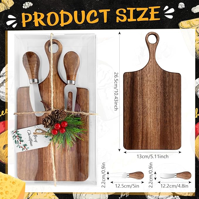 5 Set Christmas Gifts Bridal Shower Favor Acacia Wooden Square Cheese Board Gift Set With Knives, Mini Cutting Board Bulk Set, Tags and Boxes for Party Birthday