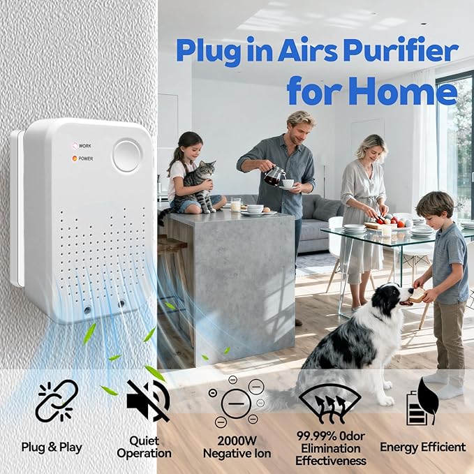 Cat Litter Deodorizer, Cat Odor Eliminator for Home, Litter Box Deodorizer, Quiet Portable Plug In Air Purifiers for Bedroom, Kitchen, Bathroom, Office, Air Ionizers for Smoke, Formaldehyde, Dust