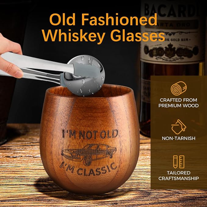 GENUINED 8oz Original Wooden Engraved Bourbon Drinking Glass, Old Fashioned Wooden Whiskey Glasses(1 Pack), Bourbon Gifts for Men