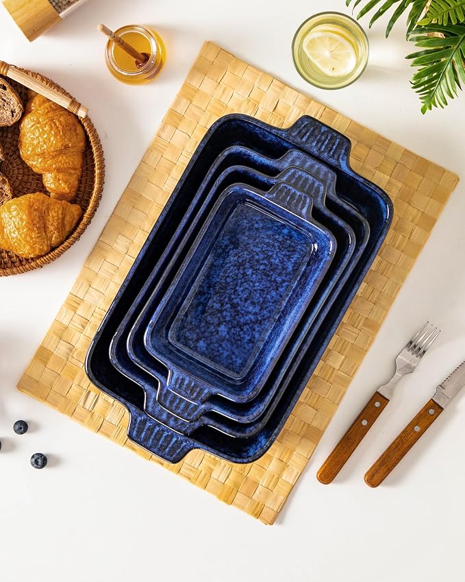 vancasso Ceramic Casserole Dishes for Oven, Reactive Glaze Bakeware Set of 4, Deep Rectangular Baking Dishes with Handles, Lasagna Pan Set, Microwave & Dishwasher Safe, Blue (9.4"/11.1"/12.2"/14.7")