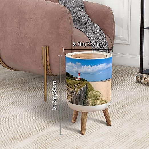 Trash Can with Lid Barnegat Lighthouse Sand Beach Fence New Jersey Press Top Round Small Garbage Bin with Wooden Legs Waste Basket for Kitchen Bedroom Nursery 7L/1.8 Gallon
