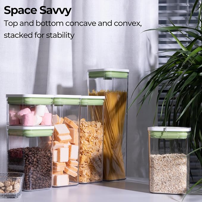 linoroso Set of 4 Pop Airtight Food Storage Containers with Date Recording Lids, Stackable Plastic Kitchen Storage Containers, Dry Cereal Container Set for Pantry Countertop Fridge Organization