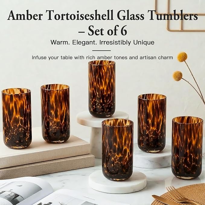 Tortoise Shell Drinking Glasses Set of 4, Brown Decorative Tortoise Shell Tumbler Cups for Wine & Drinks，Drinking Glasses for Wedding Gifts, Housewarming, Cocktail Party (6, 15oz)