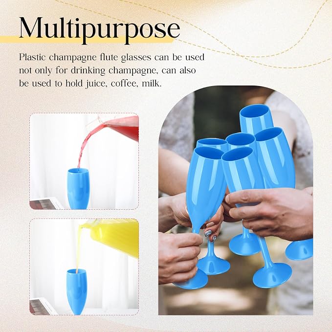 Maxcheck 24 Pcs Champagne Flutes Bulk Acrylic Toasting Drinking Flute Unbreakable Goblet Champagne Cups 6 oz Plastic Wine Glasses for Mother's Day Wedding Bridal Shower Anniversary Party (Blue)