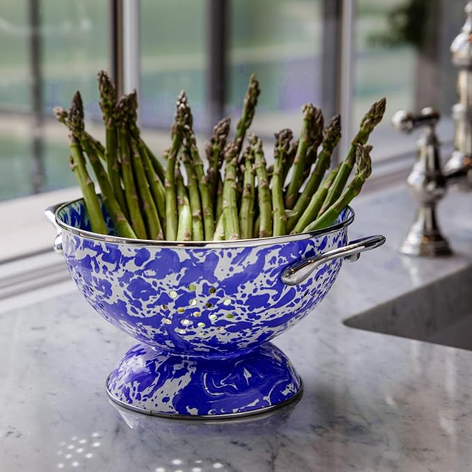 Golden Rabbit Enamelware Large Colander, 5 quart, Cobalt Swirl