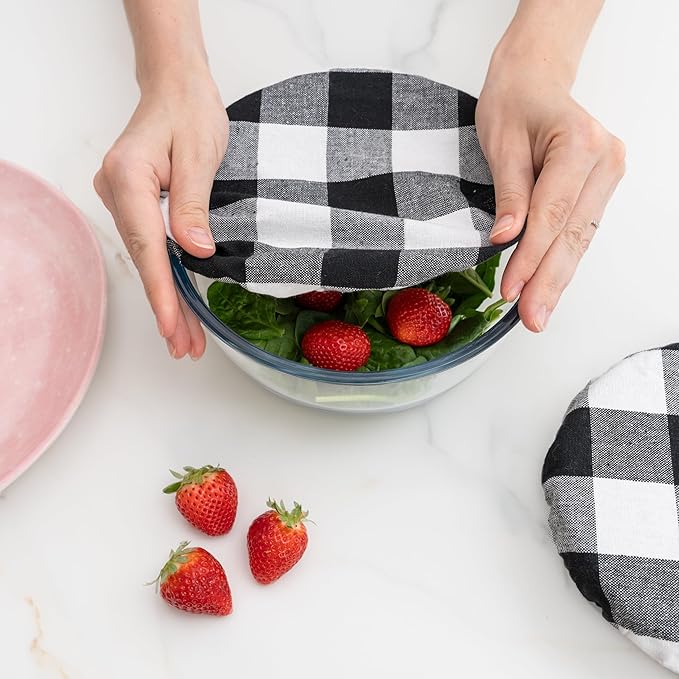 Reusable Cloth Bowl Covers - 100% Cotton Fabric Bowl Covers Set to Cover Fruits, Vegetables and Regulate Moisture - Elastic Closure for Salads, Bread & Leftovers (Black Plaid, 2XL, 2L, 2M, 2S)
