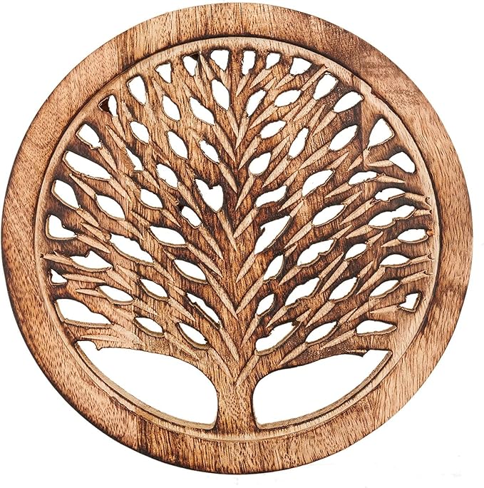 Wedding Gifts Set of 2 Wooden Trivets for Hot Dishes Pots and Pans Tea Pot Holders Hot Pads Tree of Life Design Modern Farmhouse Kitchen Counter Decor Dia 8'' Inch (Burnt)
