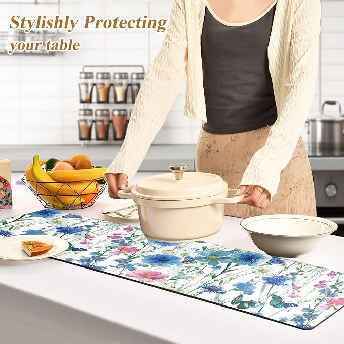 2 in 1 Table Runner Trivet for Hot Pots and Pans Heat Resistant Non Slip Waterproof 39 x 12 Inch Decorative Table Protector for Kitchen Countertop Watercolor Cornflower Daisy